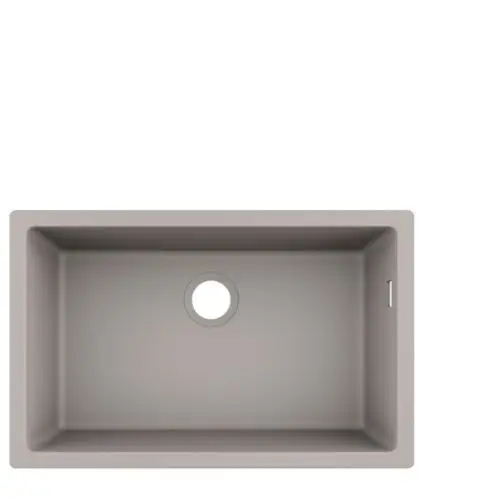 Unterbauspüle in Betongrau von Hansgrohe, rechteckige Form mit einem zentralen Abflussloch und einer seitlichen Ablage, auf heller Hintergrundoberfläche abgebildet.